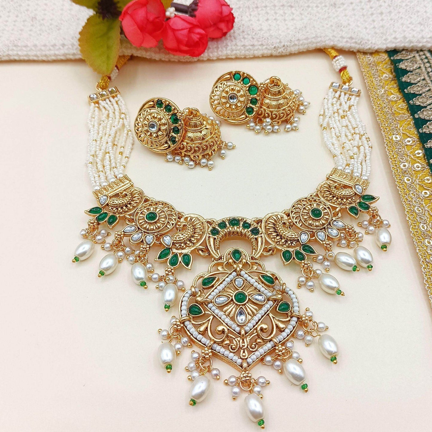 Janvi Rajputi Necklace Set, Rajwadi Jewellery Design, Bridal Choker, Indian Traditional Jewellery, Pearl Beaded Set, Gift for Women. - Nandai Jewels
