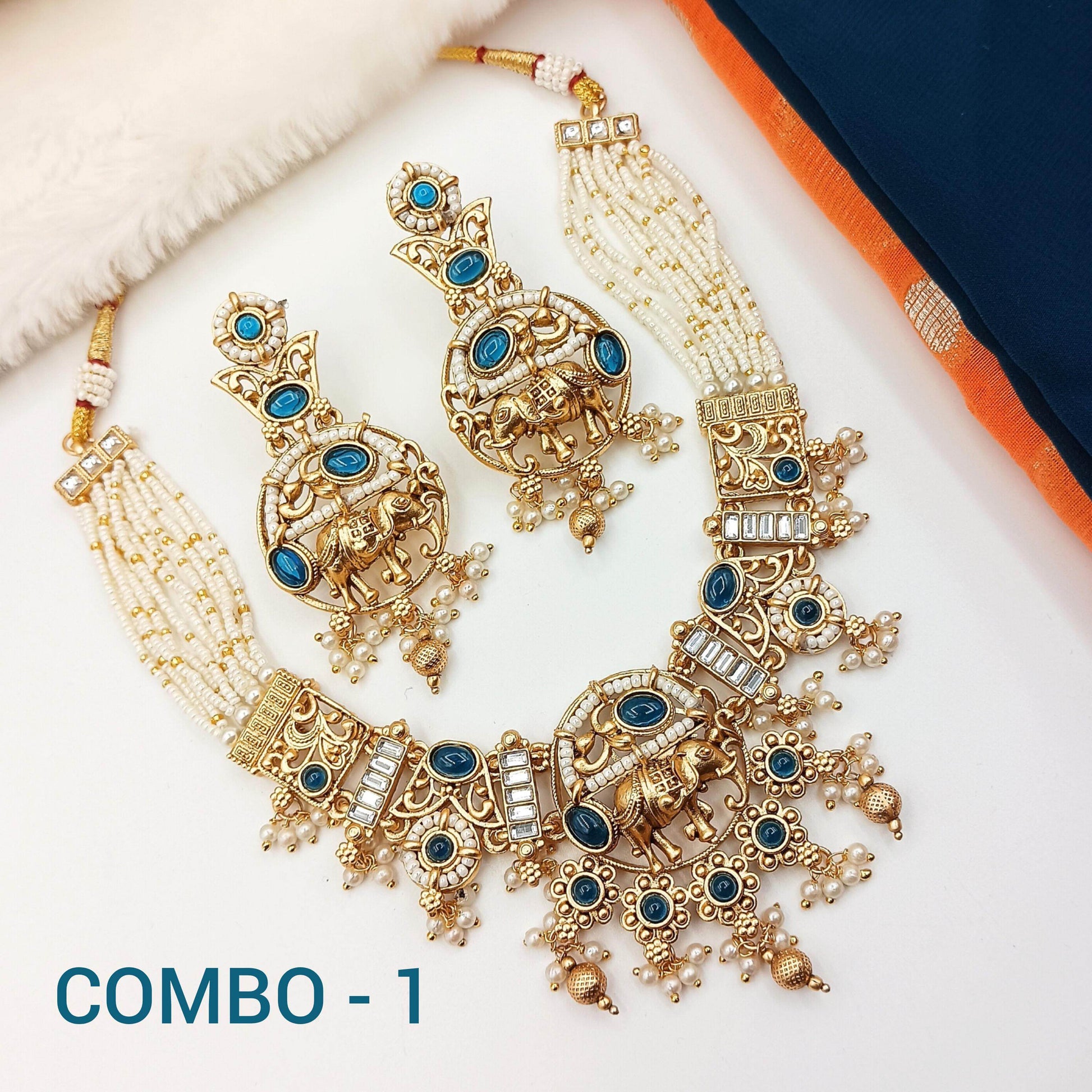 COMBO Rajputi Elephant Design Necklace With Earrings - Rajwadi Necklace Set, Pack of 2, Wedding Gift for Her, Indian Traditional Jewellery. - Nandai Jewels
