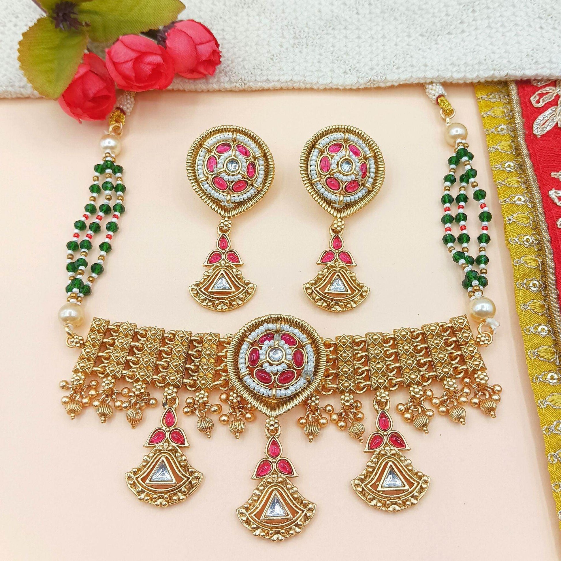 Rajwadi choker set, rajputi jewellery, indian traditional jewellery, kundan design, meenakari work, gift for women - Nandai Jewels