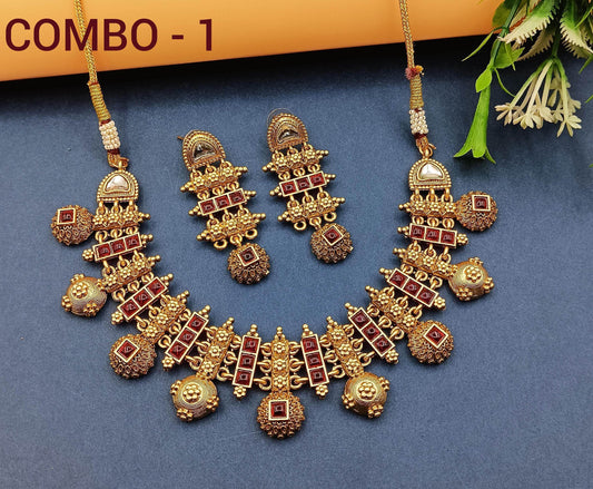 COMBO Rajwadi Hasadi Meenakari Necklace Set | Ethnic Bridal Jewelry | Antique Gold Finish | Traditional Indian Festive Set. - Nandai Jewels