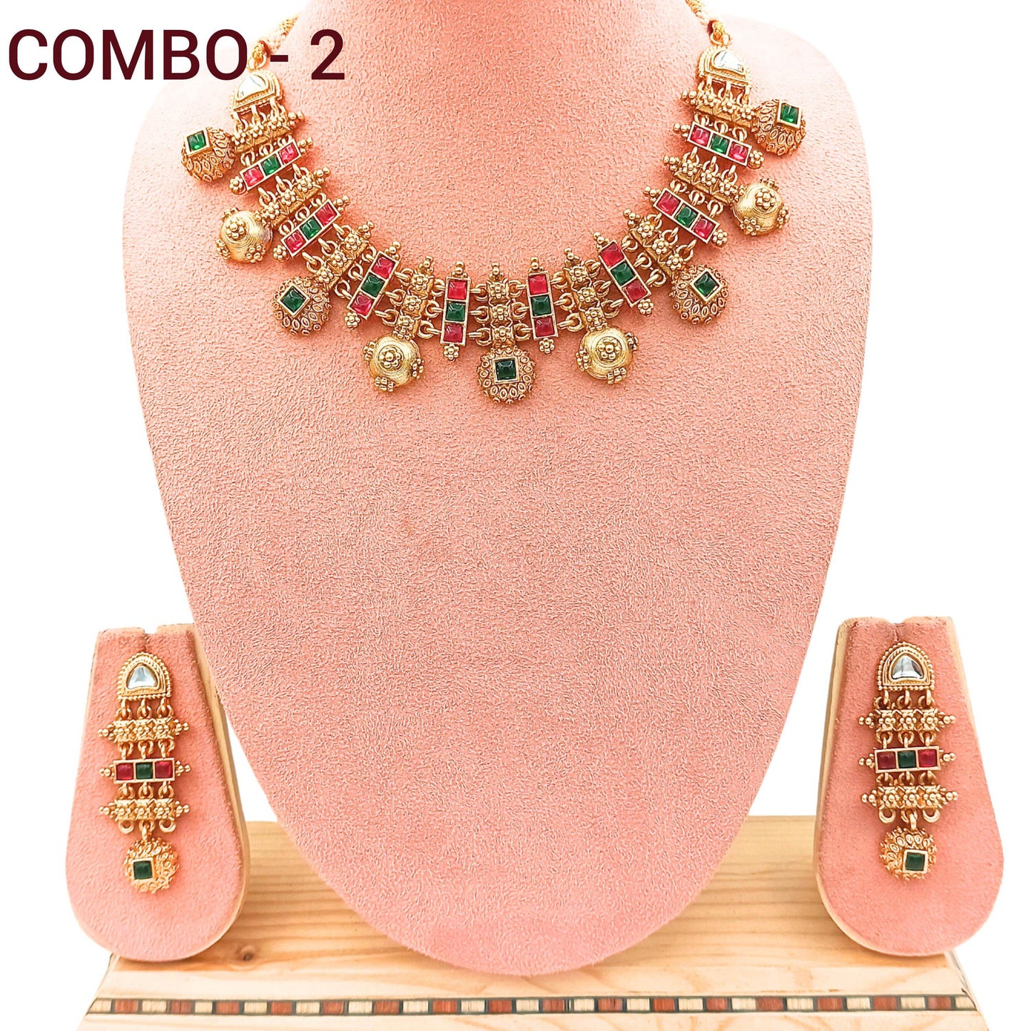 COMBO Rajwadi Hasadi Meenakari Necklace Set | Ethnic Bridal Jewelry | Antique Gold Finish | Traditional Indian Festive Set. - Nandai Jewels