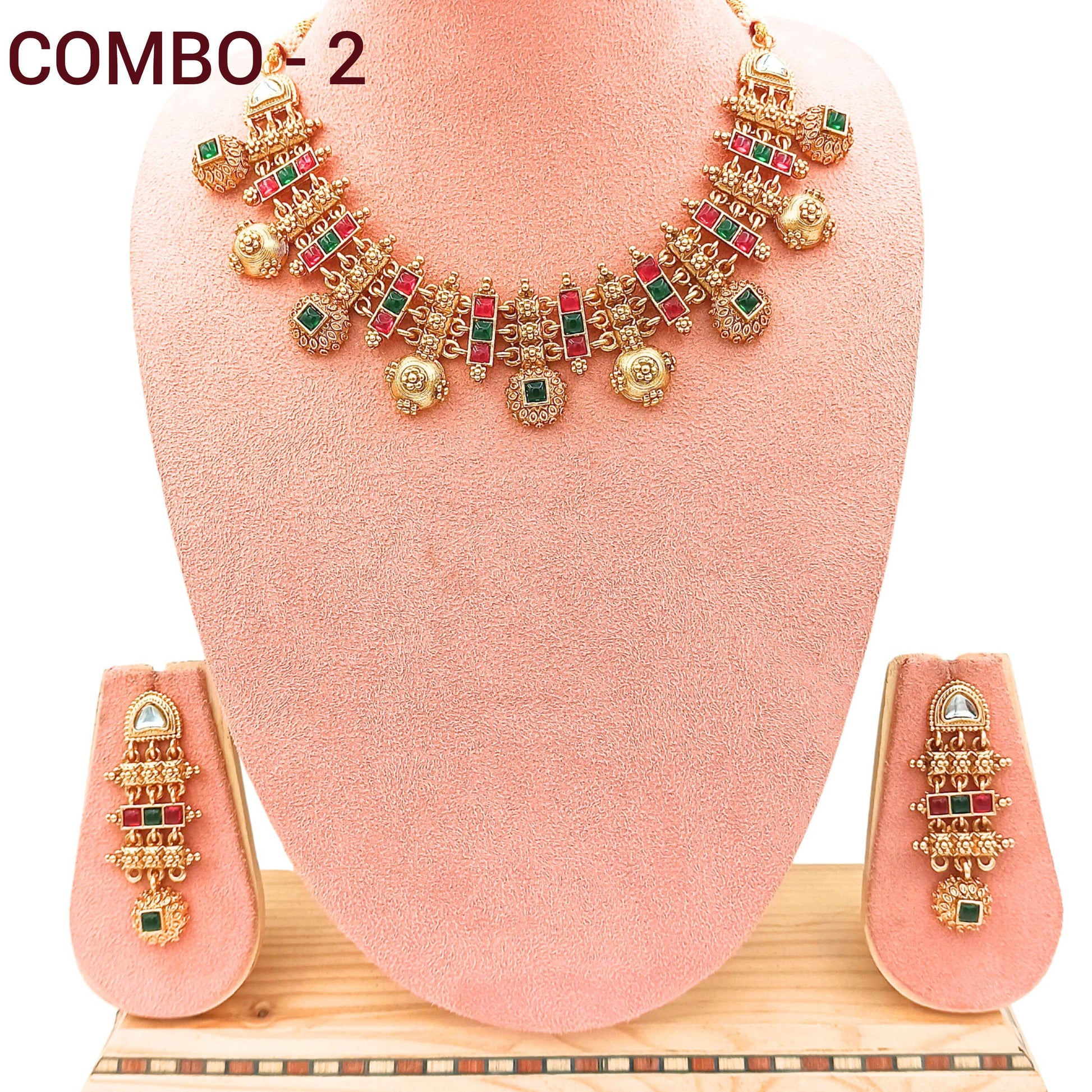 COMBO Rajwadi Hasadi Meenakari Necklace Set | Ethnic Bridal Jewelry | Antique Gold Finish | Traditional Indian Festive Set. - Nandai Jewels
