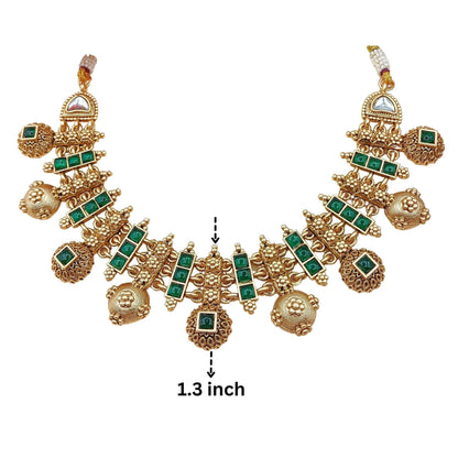 Rajwadi Hasadi Meenakari Necklace Set | Ethnic Bridal Jewelry | Antique Gold Finish | Traditional Indian Festive Set. - Nandai Jewels