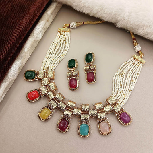 Monalisa Rajwadi Necklace Set, Multicolor Stone Jewellery, Rajputi Bridal Design, Indian Traditional Jewellery, Gift for Women. - Nandai Jewels