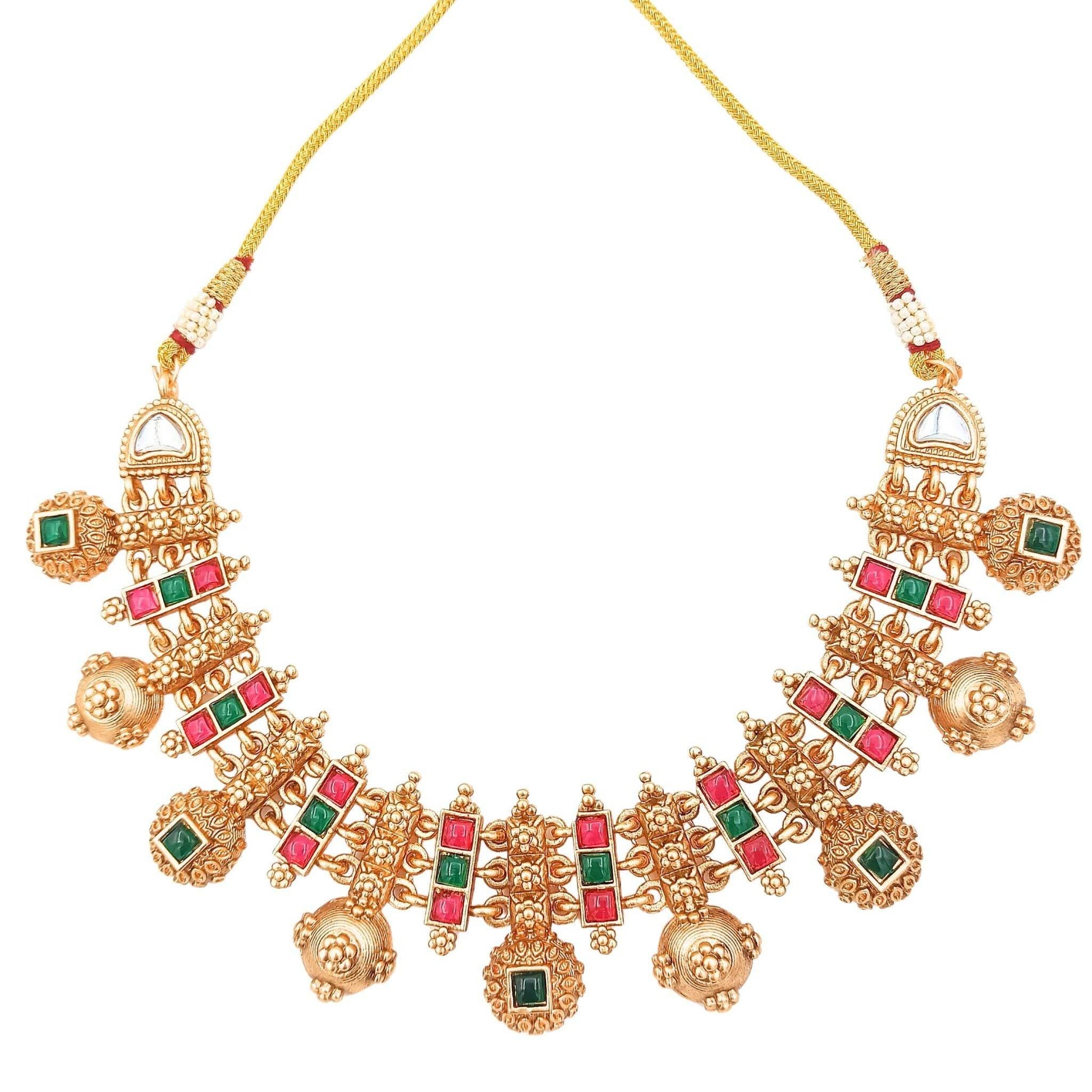 COMBO Rajwadi Hasadi Meenakari Necklace Set | Ethnic Bridal Jewelry | Antique Gold Finish | Traditional Indian Festive Set. - Nandai Jewels