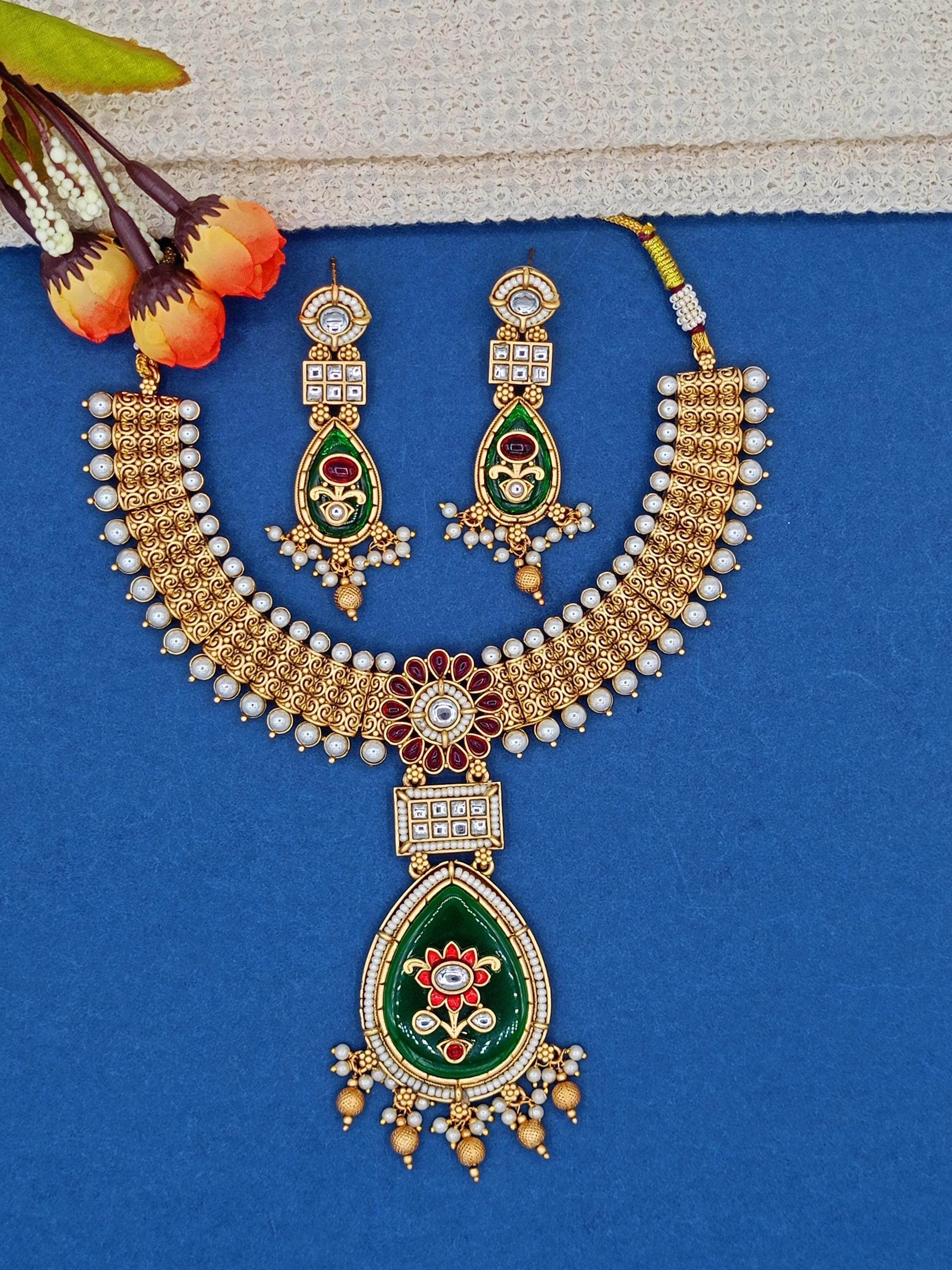 Vijayalakshmi Rajputi Necklace Set, Meena and Kundan Jewellery, Rajwadi Bridal Wear, Pearl Choker Design, Gift for Women. - Nandai Jewels