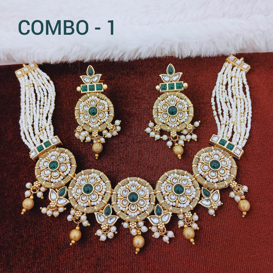 COMBO Mohini Rajwadi Necklace Set, Rajputi Choker with Earrings, Indian Traditional Jewellery, Kundan Bridal, Gift for Women, Festive Wear. - Nandai Jewels
