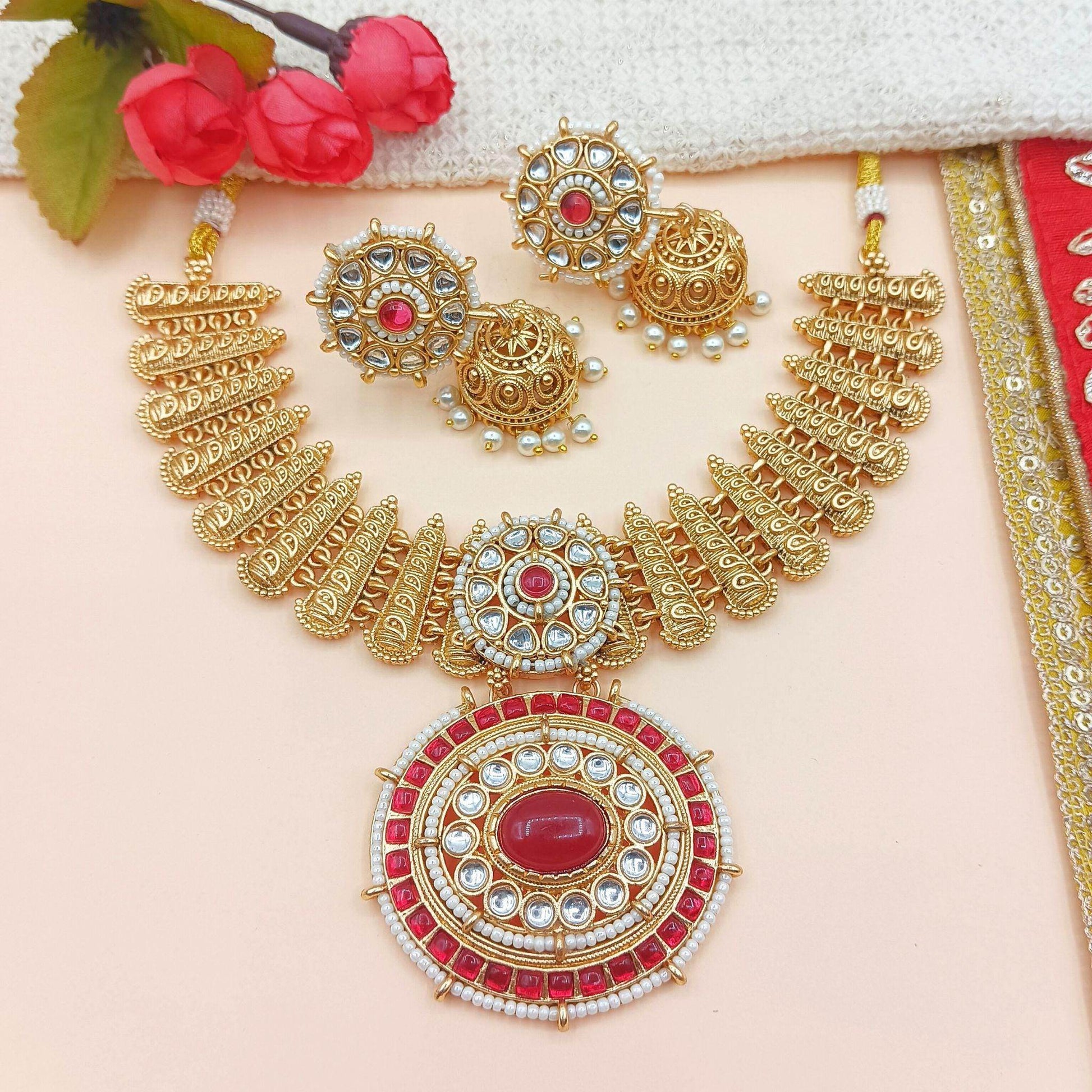 Aditi Rajwadi Necklace Set, Rajputi Bridal Jewellery, Kundan Choker Design, Indian Traditional Jewellery, Ethnic Gift for Women. - Nandai Jewels