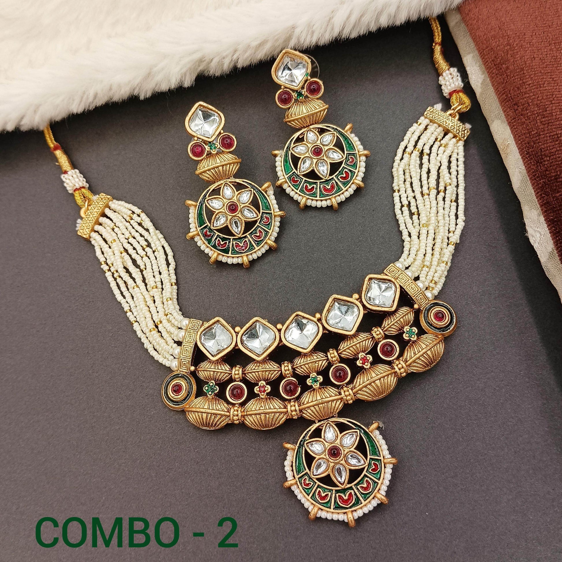 COMBO Rashmika Rajwadi Jewelry set, Rajputi Necklace and Earrings, Traditional Indian Jewellery, Festive Accessory, Perfect Gift for Women. - Nandai Jewels
