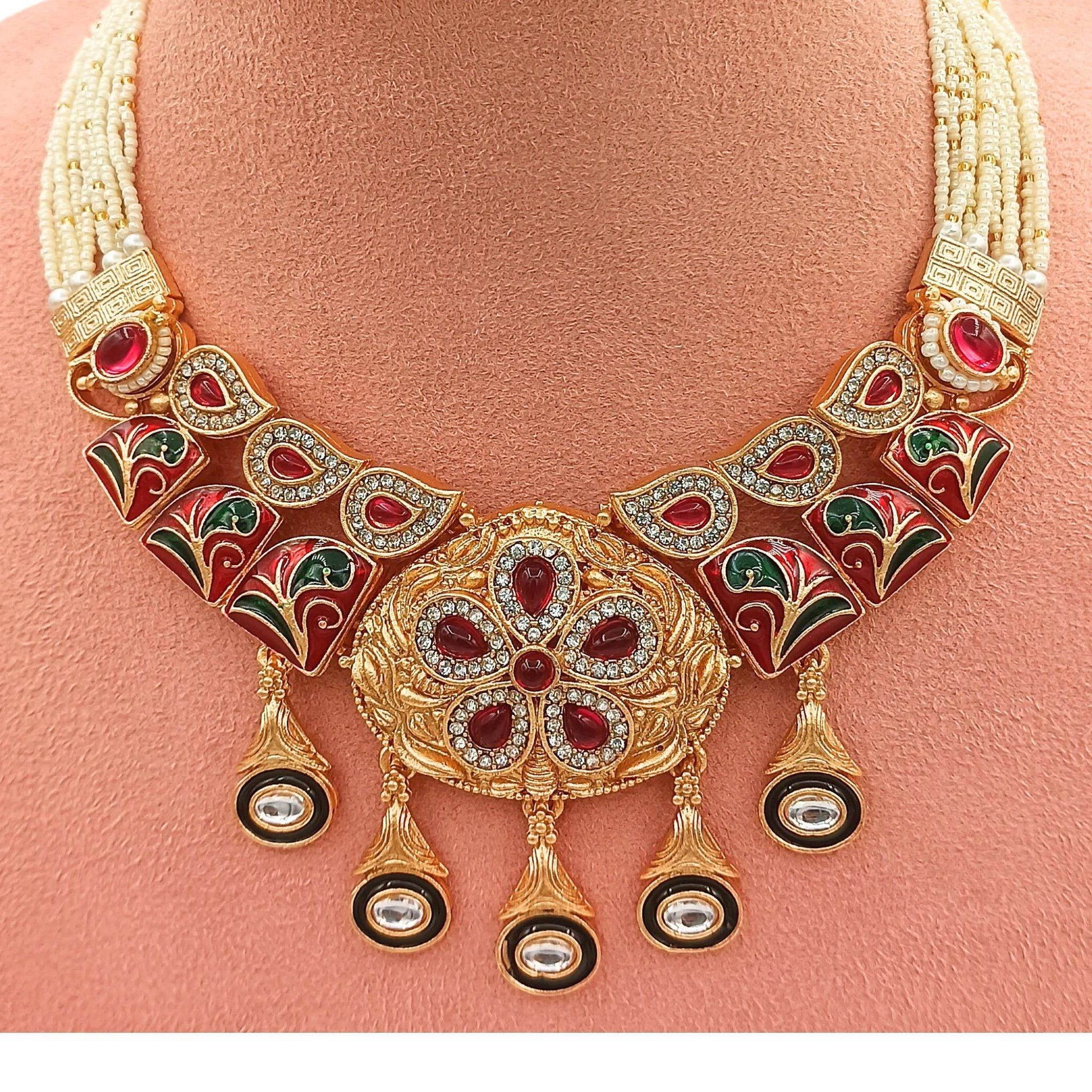 Royal Rajwadi Necklace/Earrings, Rajputi Bridal Necklace, Kundan stones, Rajasthani Pearl Detailing, Indian Traditional Jewellery Set - Nandai Jewels