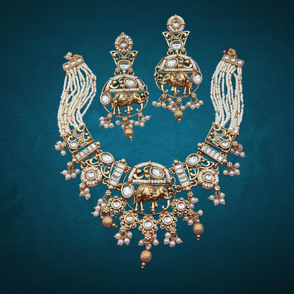 COMBO Rajputi Elephant Design Necklace With Earrings - Rajwadi Necklace Set, Wedding Gift for Her, Indian Traditional Jewellery for Brides. - Nandai Jewels