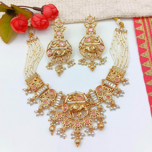 Rajputi Elephant Design Necklace Set With Earrings - Nandai Jewels