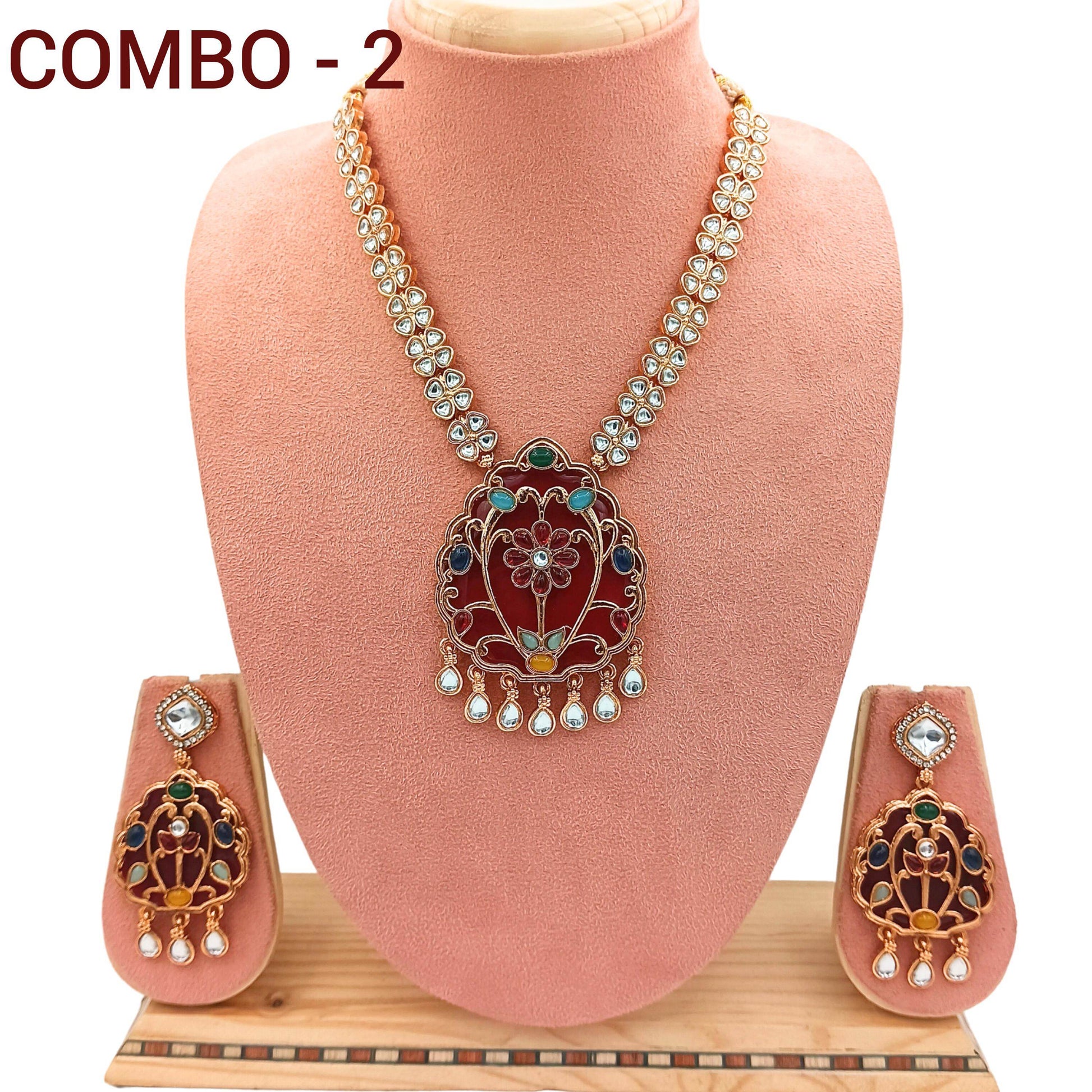 COMBO Rajwadi Kundan Necklace Set for Her, Bridal Jewellery Set, Wedding Gift, Pack of 2, Indian Traditional Jewellery, Ethnic Festive Wear. - Nandai Jewels