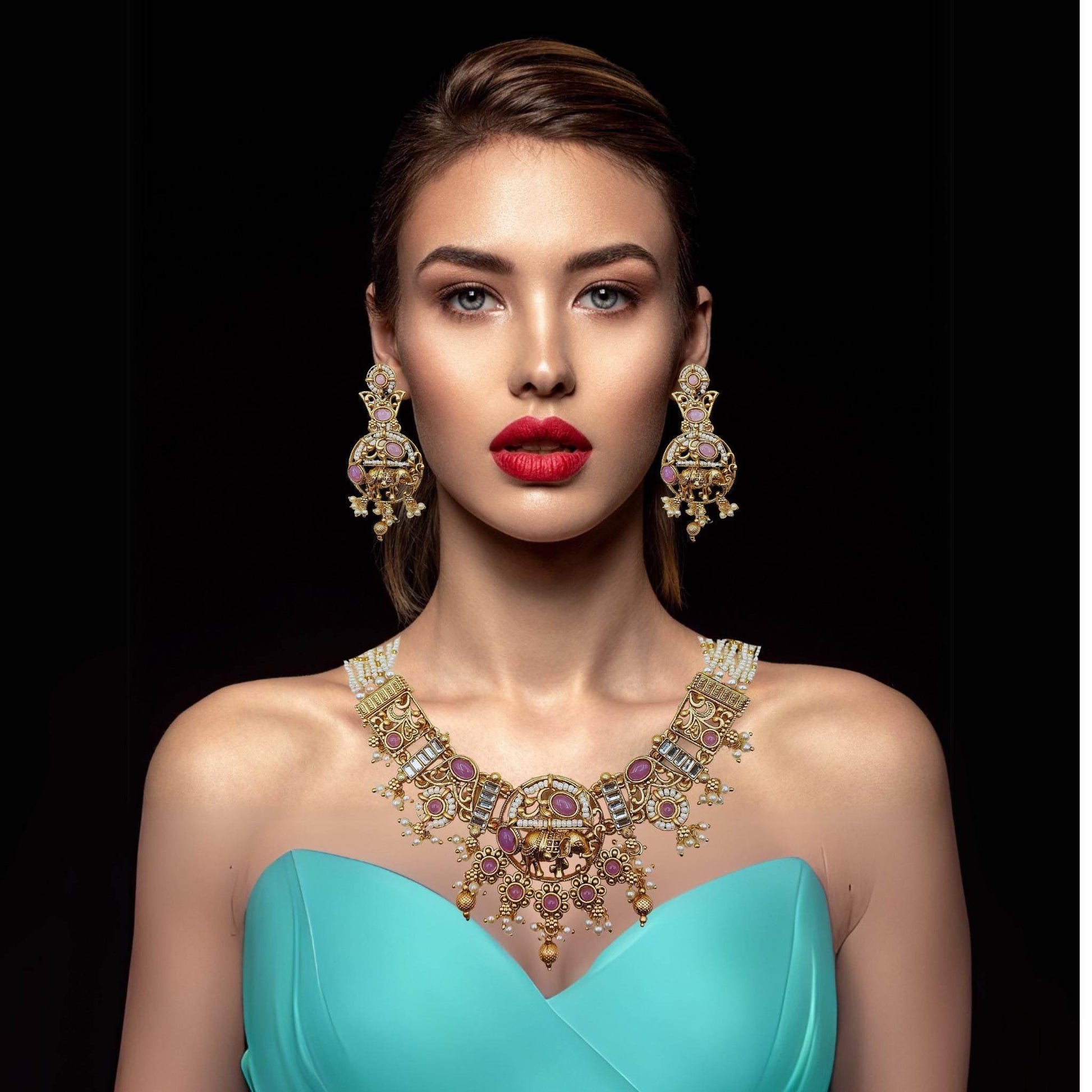 Rajputi Elephant Design Necklace Set With Earrings - Nandai Jewels