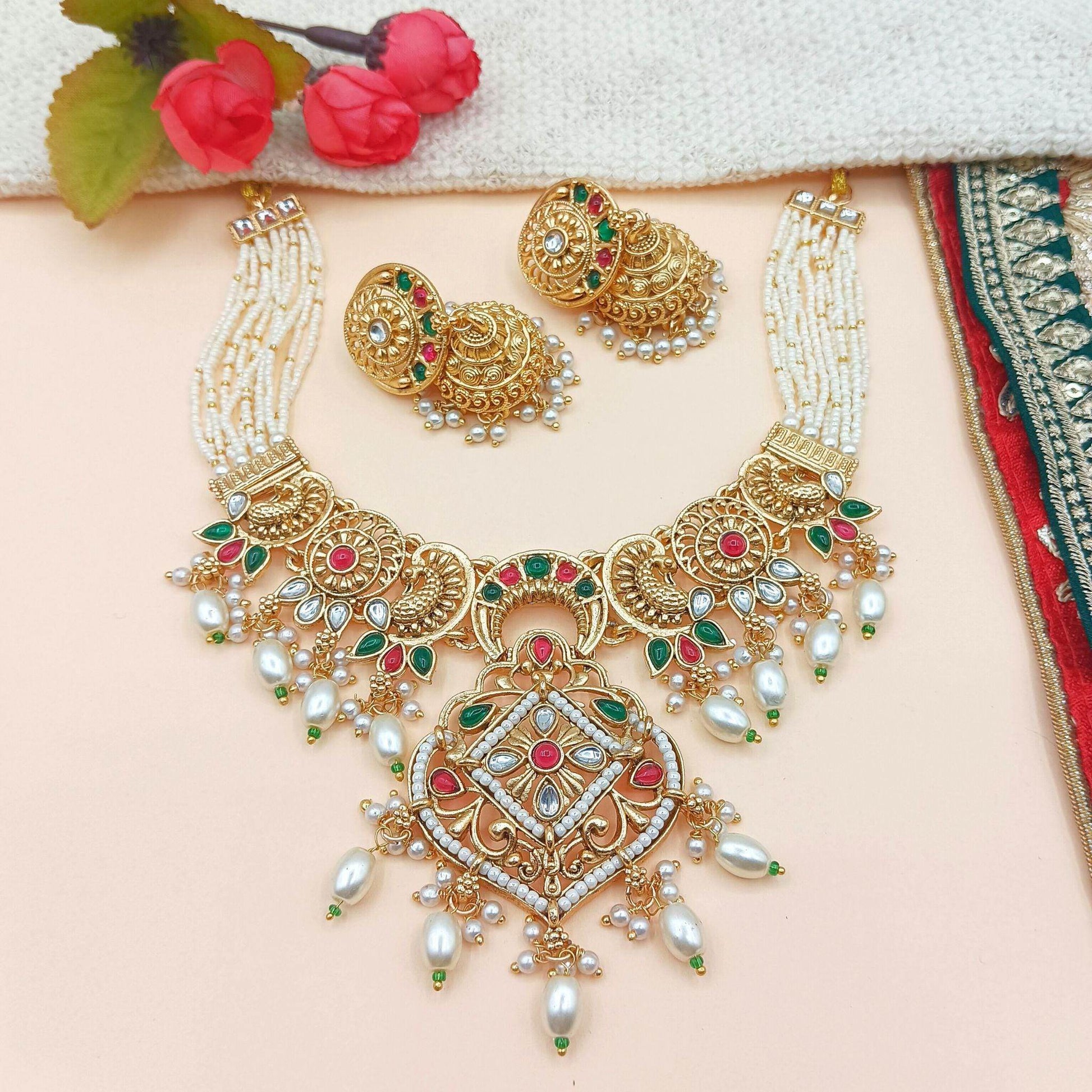 Janvi Rajputi Necklace Set, Rajwadi Jewellery Design, Bridal Choker, Indian Traditional Jewellery, Pearl Beaded Set, Gift for Women. - Nandai Jewels