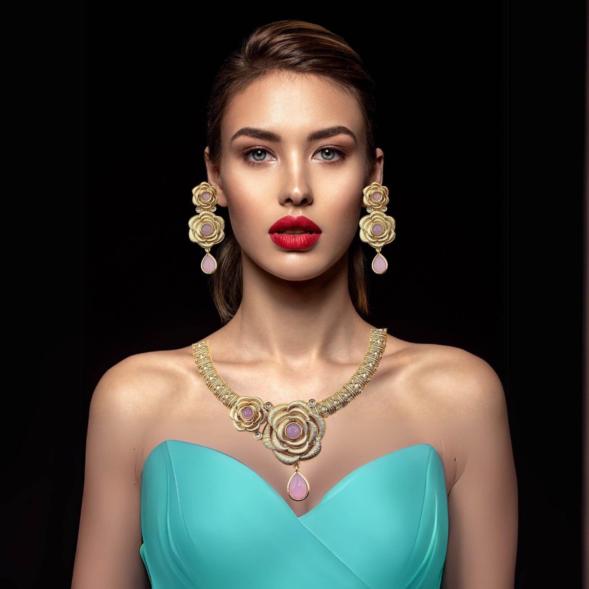 COMBO Flower Rajwadi Hasadi Necklace Set, Unique Rose Teardrop design, Pack of 3, Indian Traditional Jewellery, Gift for Her, Festive Wear. - Nandai Jewels
