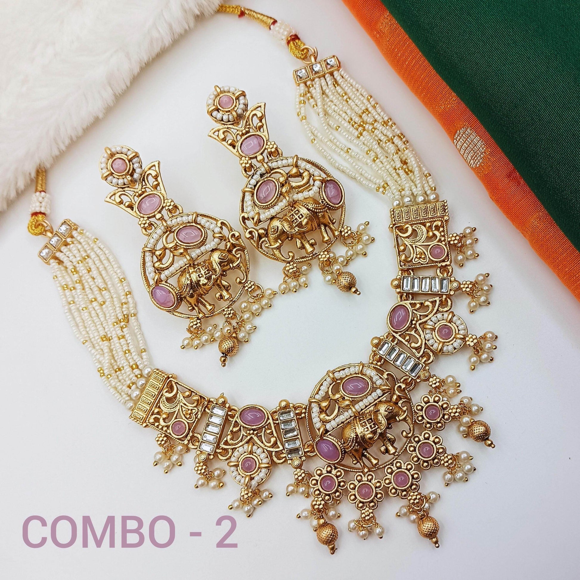 COMBO Rajputi Elephant Design Necklace With Earrings - Rajwadi Necklace Set, Pack of 2, Wedding Gift for Her, Indian Traditional Jewellery. - Nandai Jewels