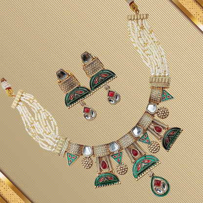 COMBO Ananya Rajwadi Kundan Necklace Set | Rajasthani Indian Traditional Jewellery,Festive Wear & Wedding | Pack of 2, Ahemdabadi Hasadi Set - Nandai Jewels