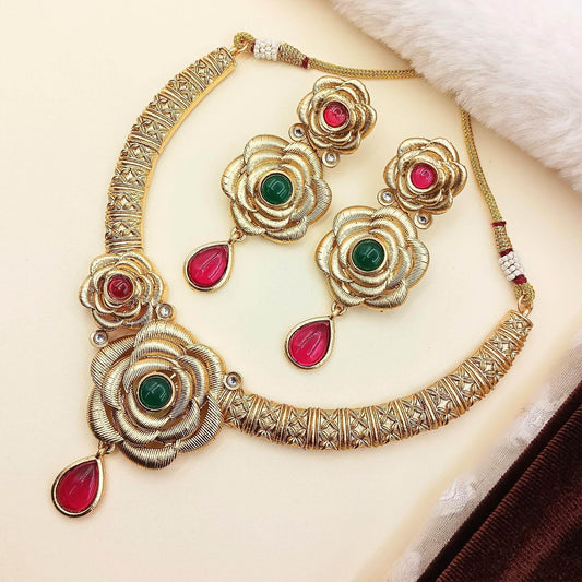 Flower Rajwadi Hasadi Necklace Set, Unique Rose and Teardrop design, Indian Traditional Jewellery, Mother's day Gift for Her, Festive Wear. - Nandai Jewels