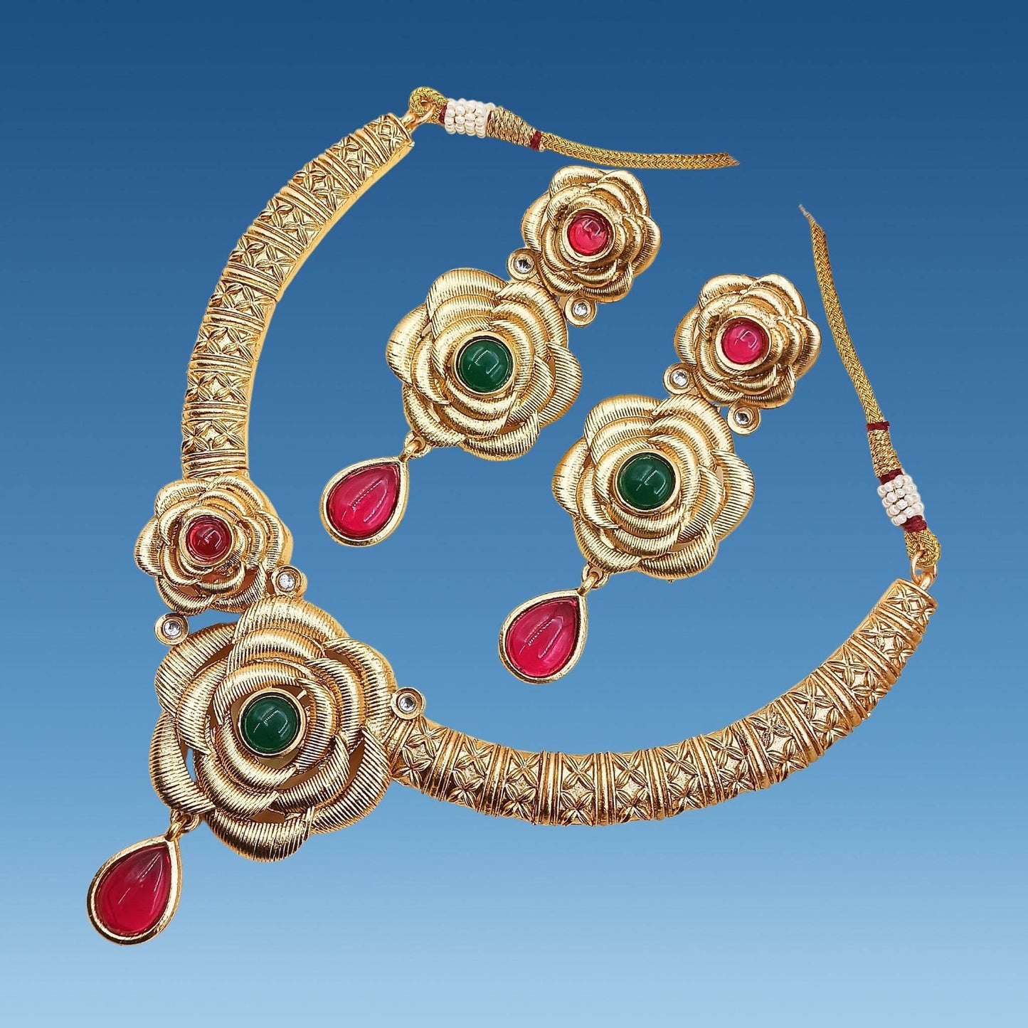 Flower Rajwadi Hasadi Necklace Set, Unique Rose and Teardrop design, Indian Traditional Jewellery, Mother's day Gift for Her, Festive Wear. - Nandai Jewels