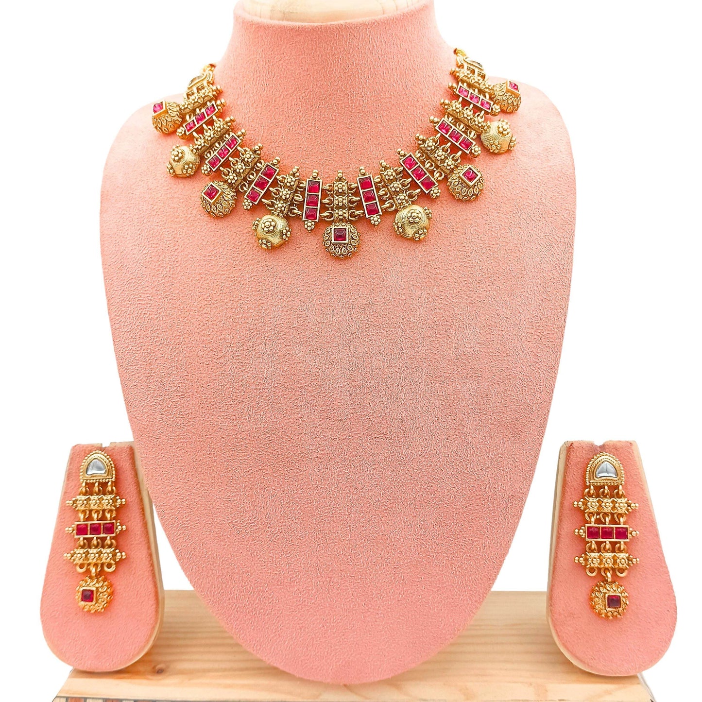 Rajwadi Hasadi Meenakari Necklace Set | Ethnic Bridal Jewelry | Antique Gold Finish | Traditional Indian Festive Set. - Nandai Jewels