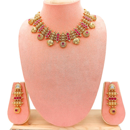 Rajwadi Hasadi Meenakari Necklace Set | Ethnic Bridal Jewelry | Antique Gold Finish | Traditional Indian Festive Set. - Nandai Jewels