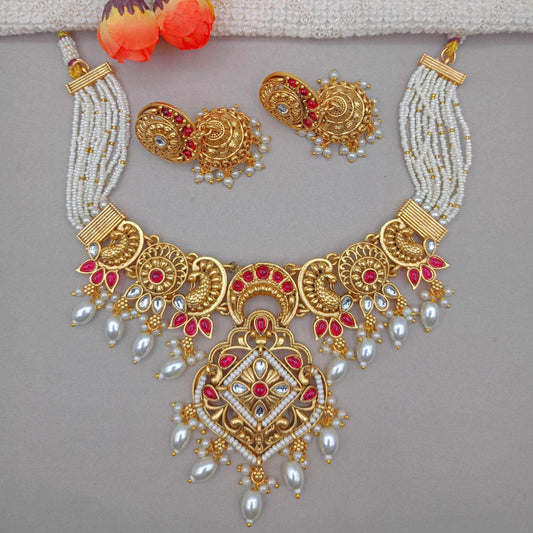Janvi Rajputi Necklace Set, Rajwadi Jewellery Design, Bridal Choker, Indian Traditional Jewellery, Pearl Beaded Set, Gift for Women. - Nandai Jewels