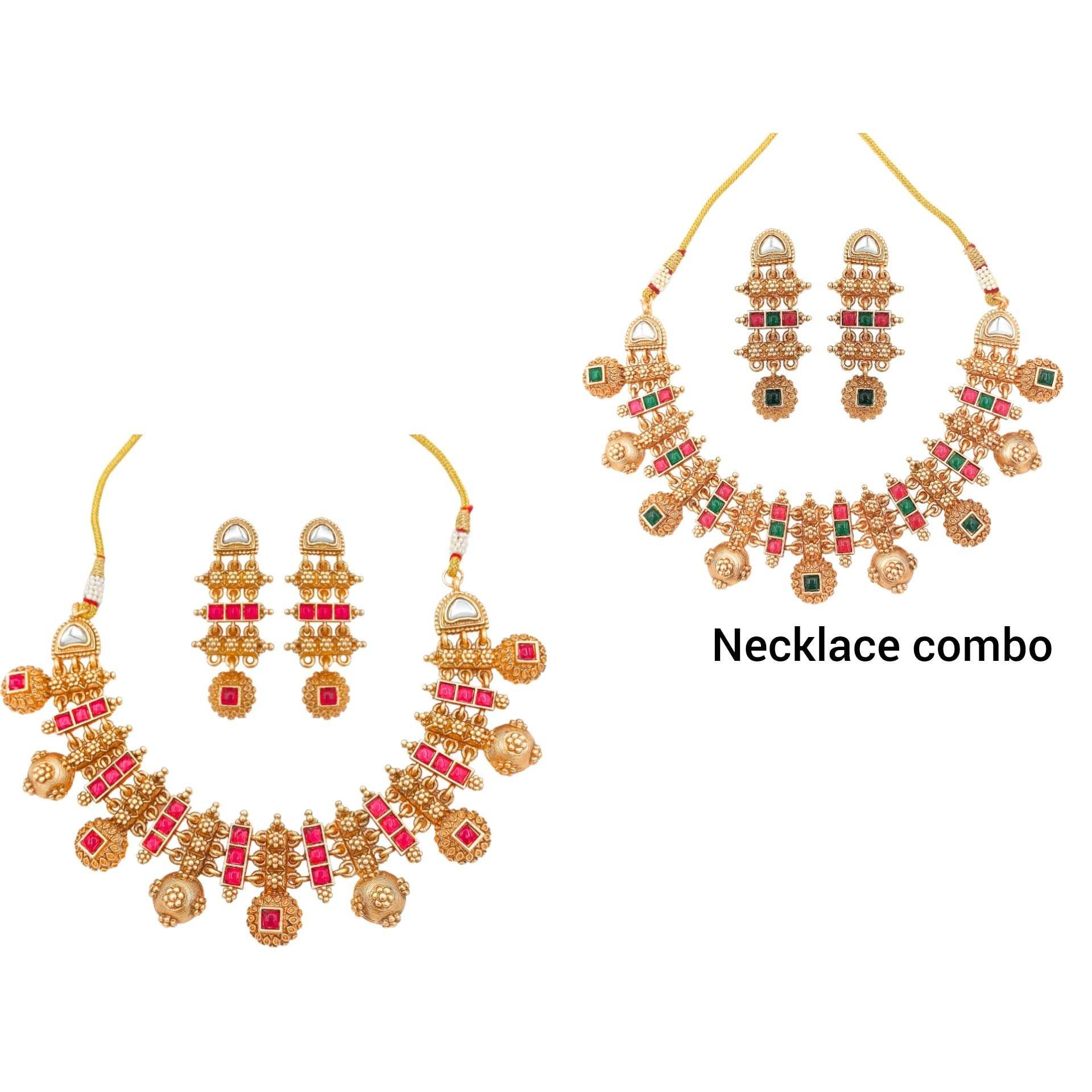 COMBO Rajwadi Hasadi Meenakari Necklace Set | Ethnic Bridal Jewelry | Antique Gold Finish | Traditional Indian Festive Set. - Nandai Jewels