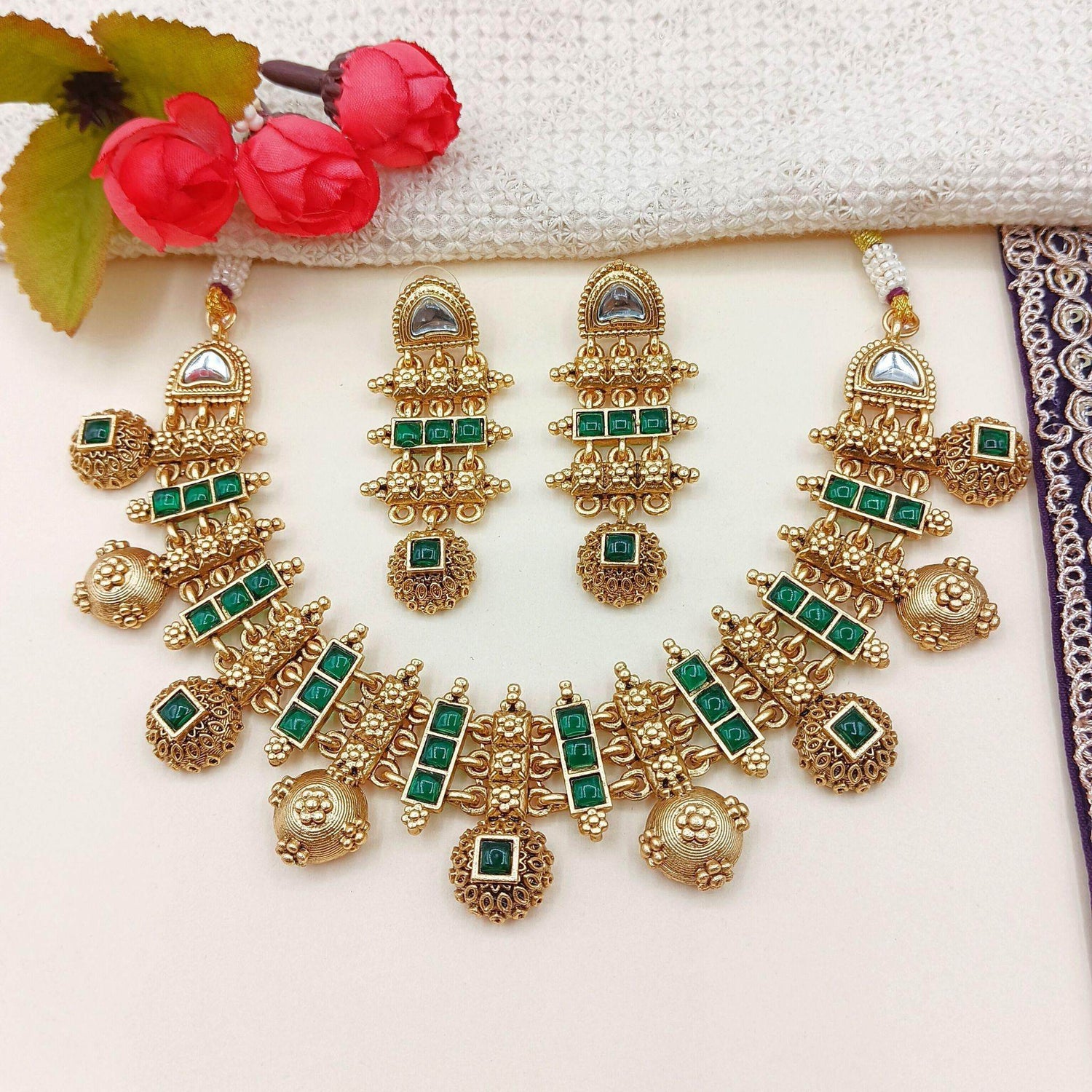 Rajwadi Hasadi Meenakari Necklace Set | Ethnic Bridal Jewelry | Antique Gold Finish | Traditional Indian Festive Set. - Nandai Jewels