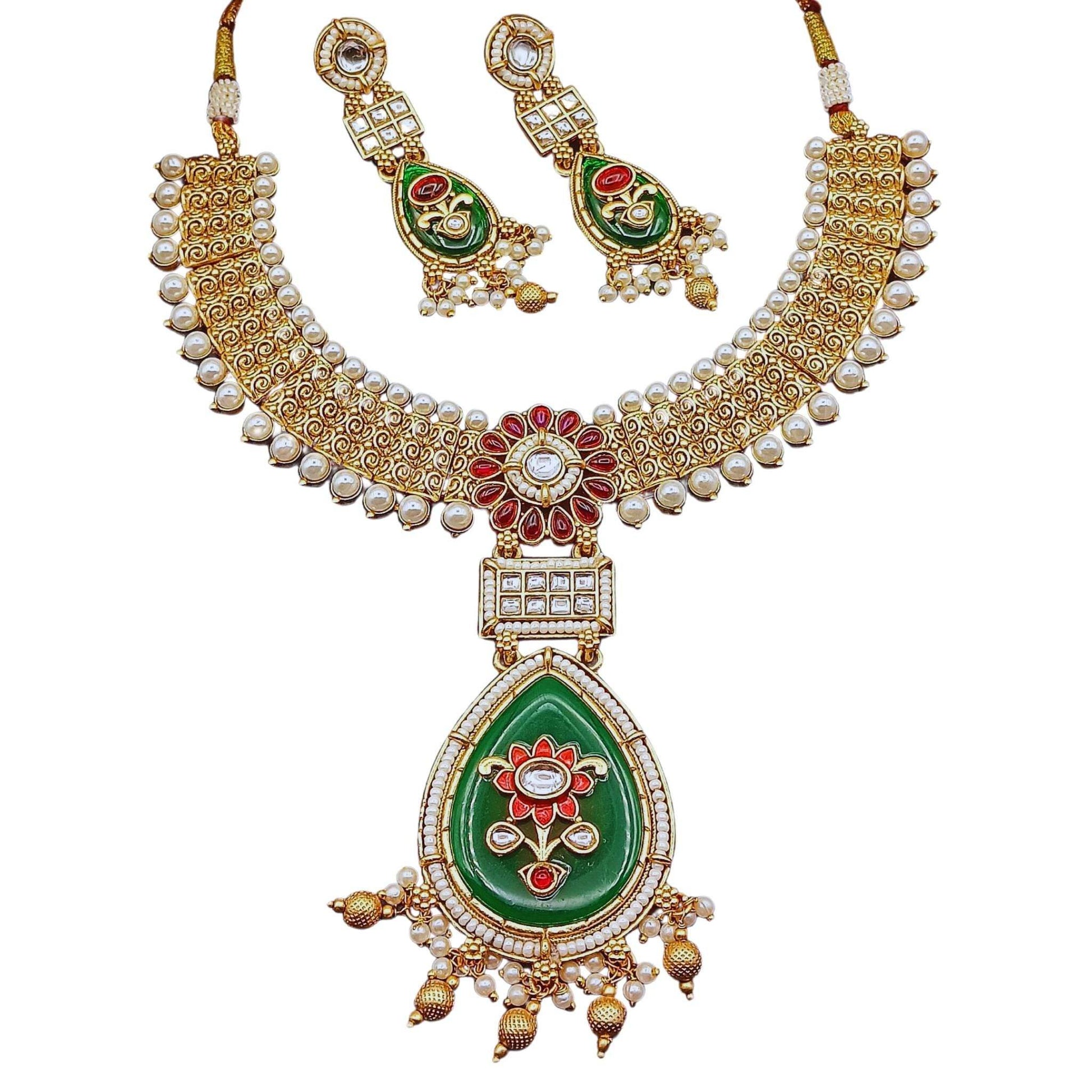 Vijayalakshmi Rajputi Necklace Set, Meena and Kundan Jewellery, Rajwadi Bridal Wear, Pearl Choker Design, Gift for Women. - Nandai Jewels