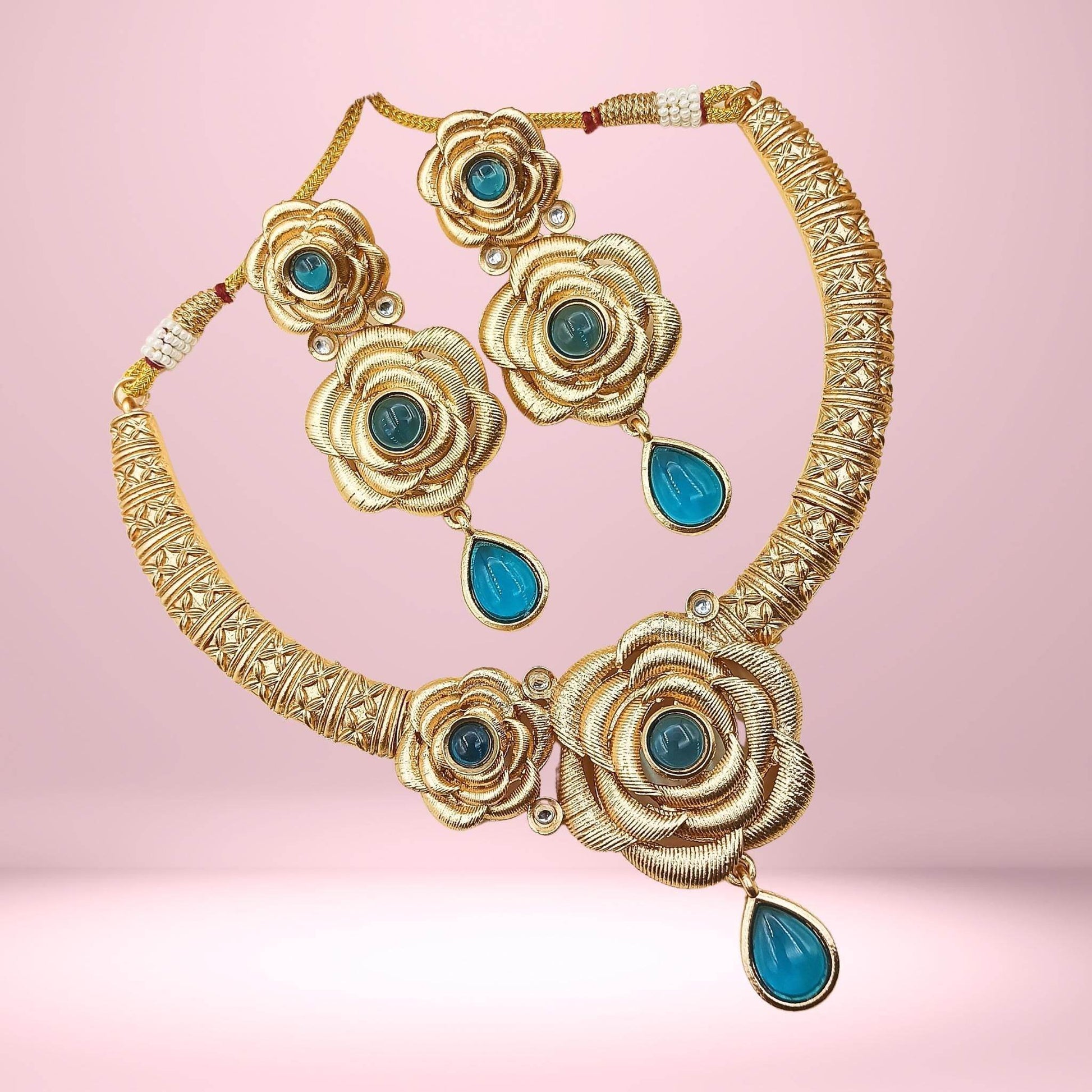 COMBO Flower Rajwadi Hasadi Necklace Set, Unique Rose Teardrop design, Pack of 3, Indian Traditional Jewellery, Gift for Her, Festive Wear. - Nandai Jewels