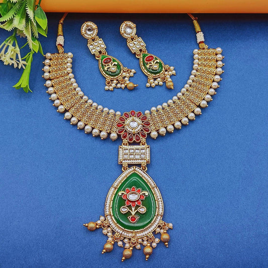 Vijayalakshmi Rajputi Necklace Set, Meena and Kundan Jewellery, Rajwadi Bridal Wear, Pearl Choker Design, Gift for Women. - Nandai Jewels