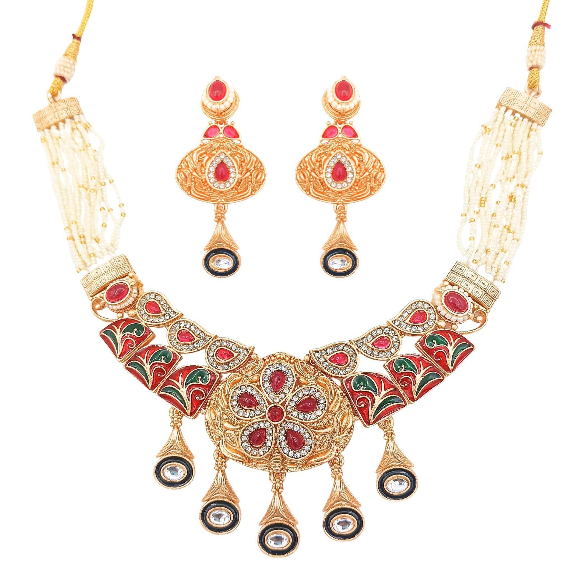Royal Rajwadi Necklace/Earrings, Rajputi Bridal Necklace, Kundan stones, Rajasthani Pearl Detailing, Indian Traditional Jewellery Set - Nandai Jewels