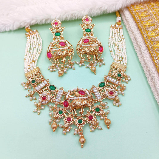 Rajputi Elephant Design Necklace Set With Earrings - Rajwadi Necklace Set, Wedding Gift for Her, Indian Traditional Jewellery for Brides. - Nandai Jewels