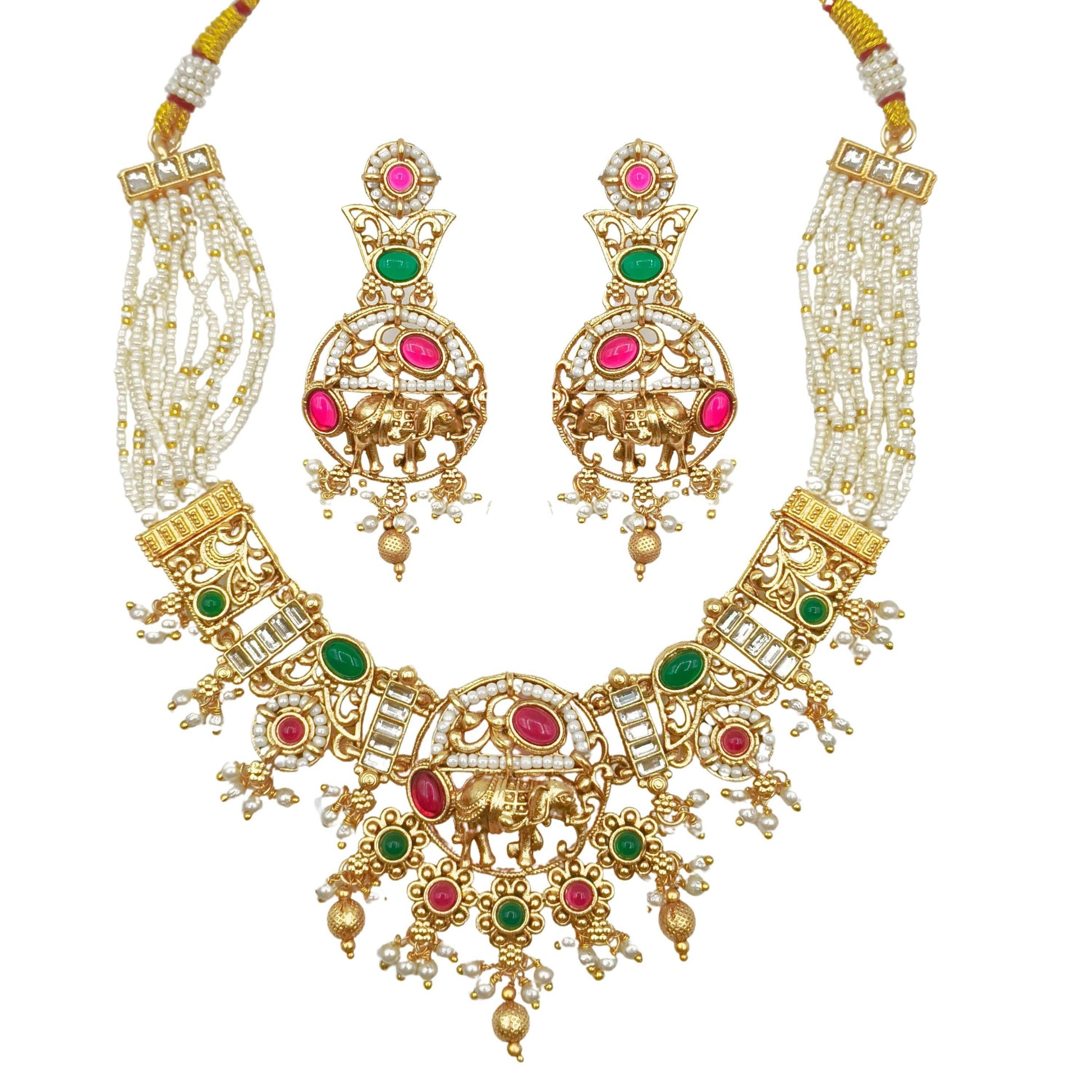 Rajputi Elephant Design Necklace Set With Earrings - Rajwadi Necklace Set, Wedding Gift for Her, Indian Traditional Jewellery for Brides. - Nandai Jewels