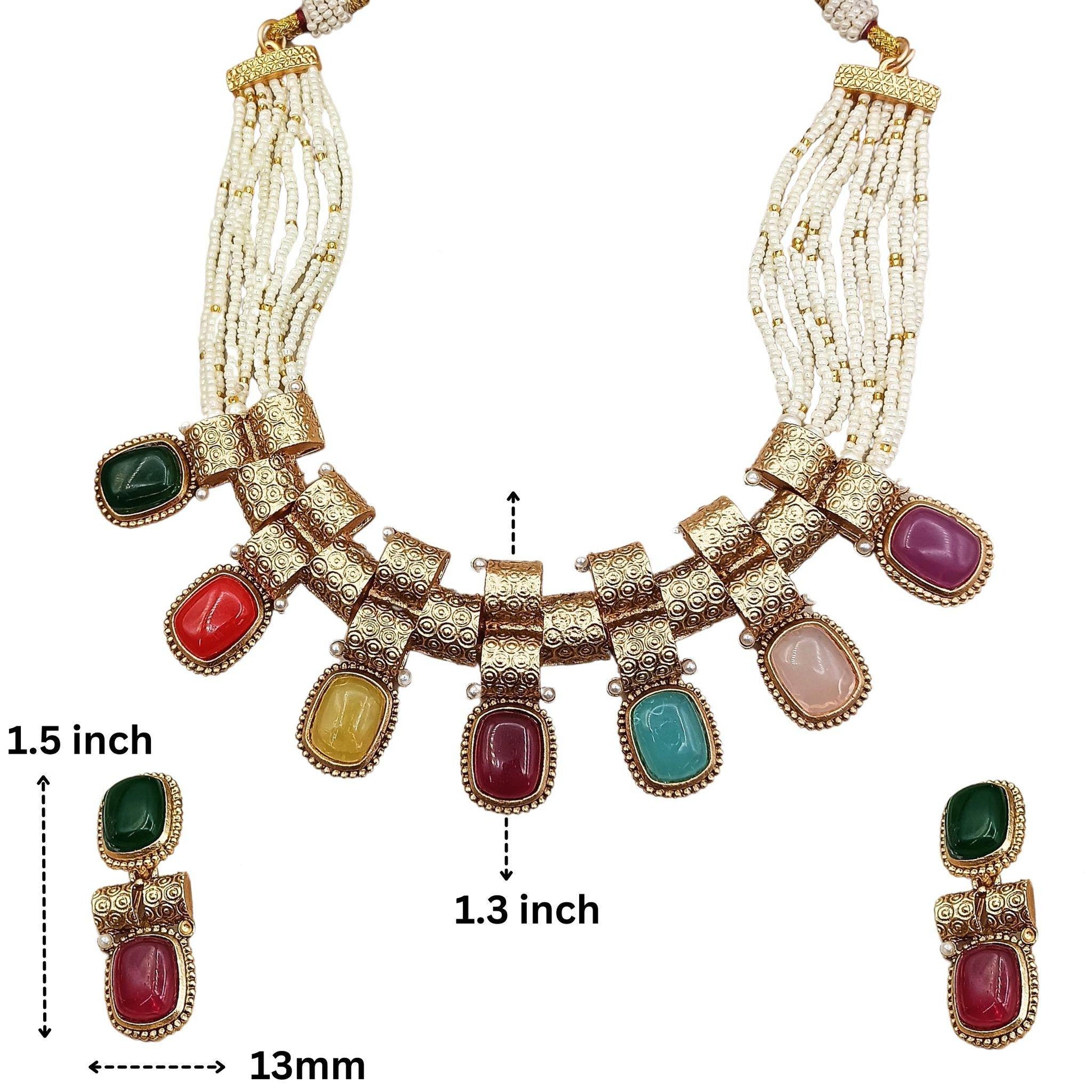 Monalisa Rajwadi Necklace Set, Multicolor Stone Jewellery, Rajputi Bridal Design, Indian Traditional Jewellery, Gift for Women. - Nandai Jewels