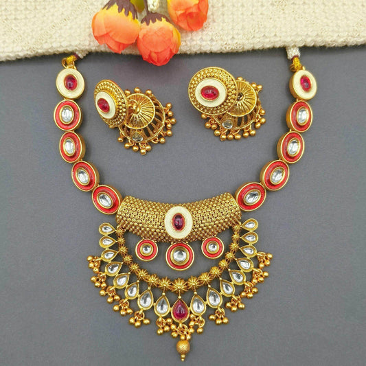 Rajputi Choker Necklace Set, Rajwadi Kundan Jewellery, Indian Traditional Jewellery, Bridal Wear Accessory, Gift for Women. - Nandai Jewels