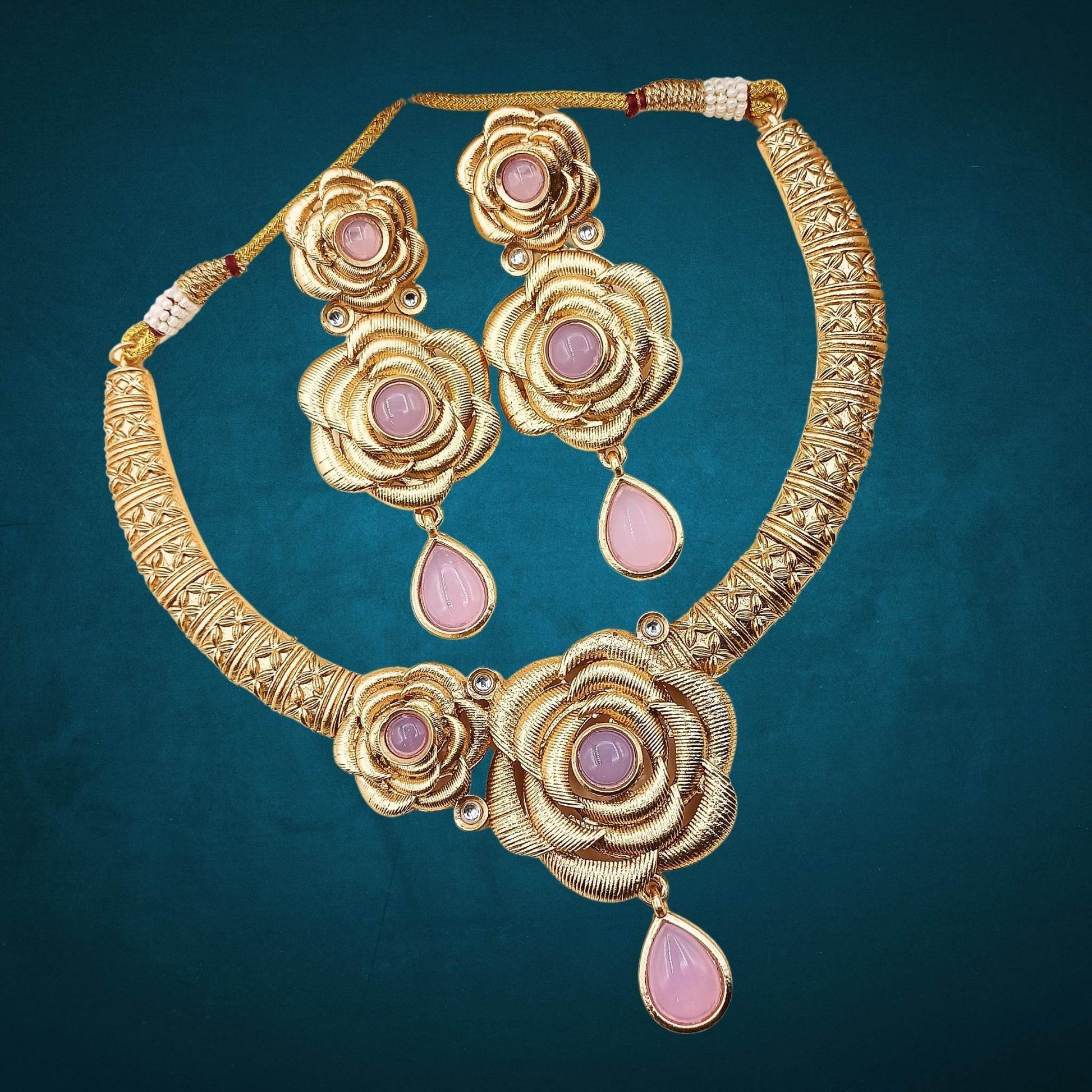 COMBO Flower Rajwadi Hasadi Necklace Set, Unique Rose Teardrop design, Pack of 3, Indian Traditional Jewellery, Gift for Her, Festive Wear. - Nandai Jewels