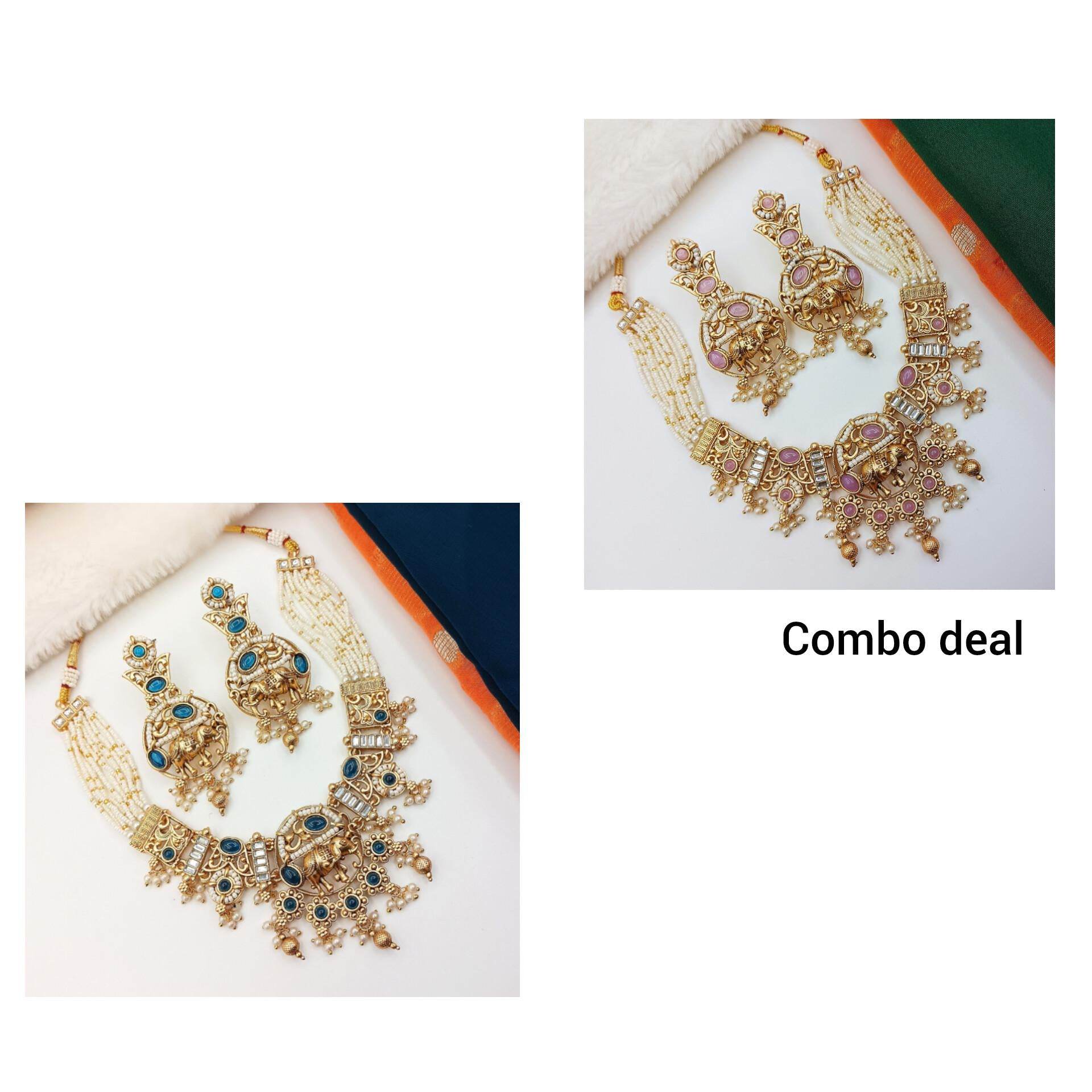 COMBO Rajputi Elephant Design Necklace With Earrings - Rajwadi Necklace Set, Pack of 2, Wedding Gift for Her, Indian Traditional Jewellery. - Nandai Jewels