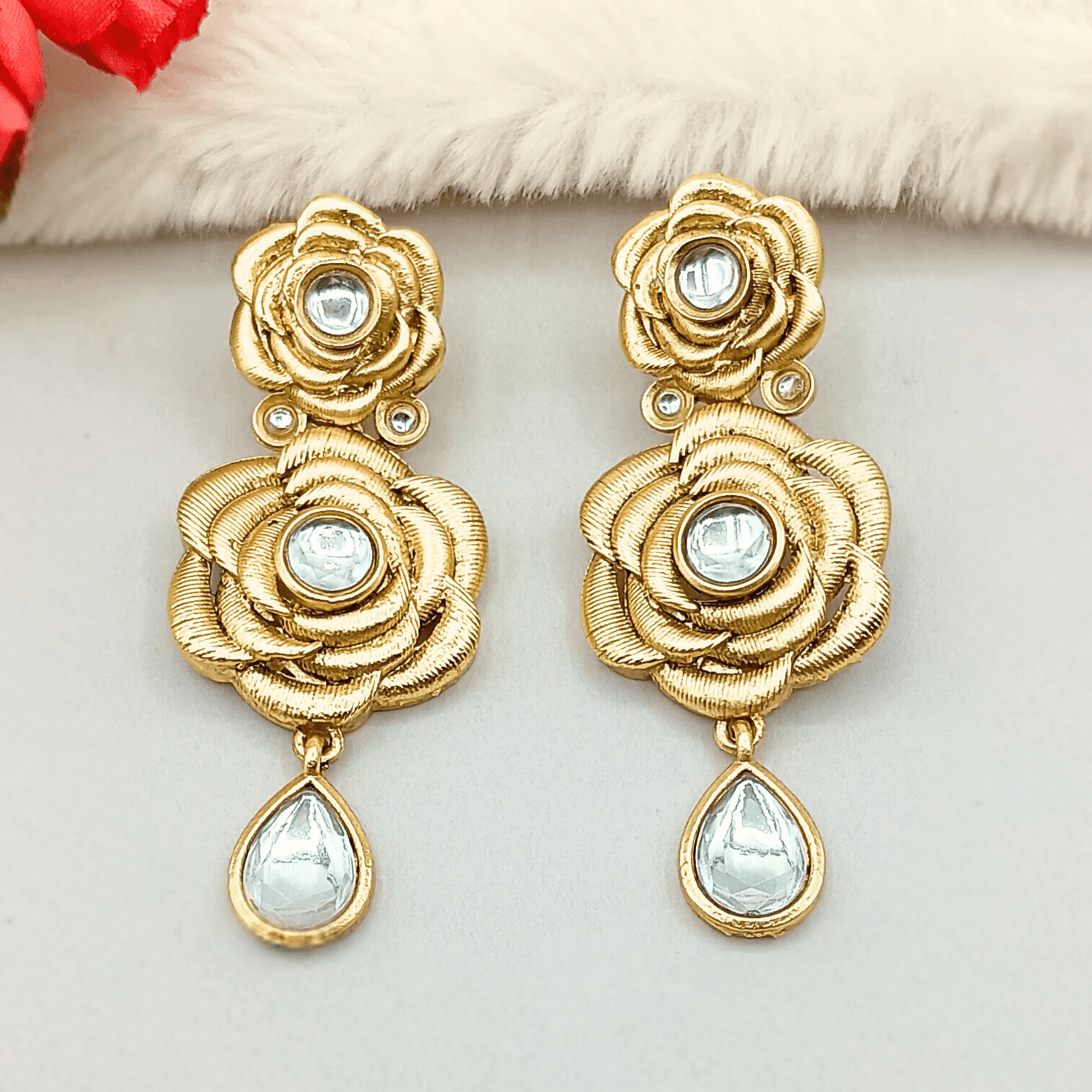 Unique Rose Motif Earrings - Perfect for Weddings and Festive Wear. - Nandai Jewels