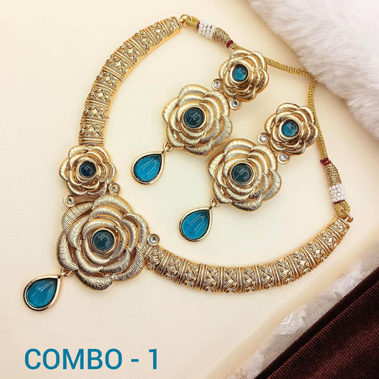 COMBO Flower Rajwadi Hasadi Necklace Set, Unique Rose Teardrop design, Pack of 3, Indian Traditional Jewellery, Gift for Her, Festive Wear. - Nandai Jewels