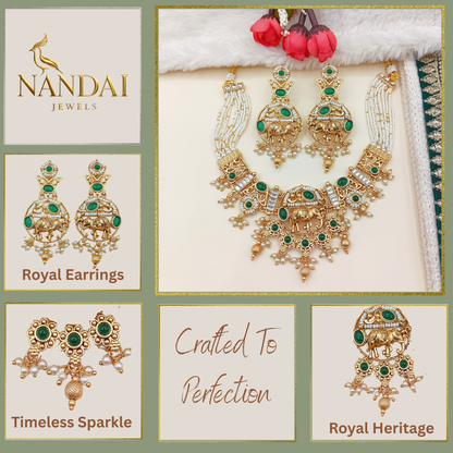 Rajputi Elephant Design Necklace Set with Green Stones