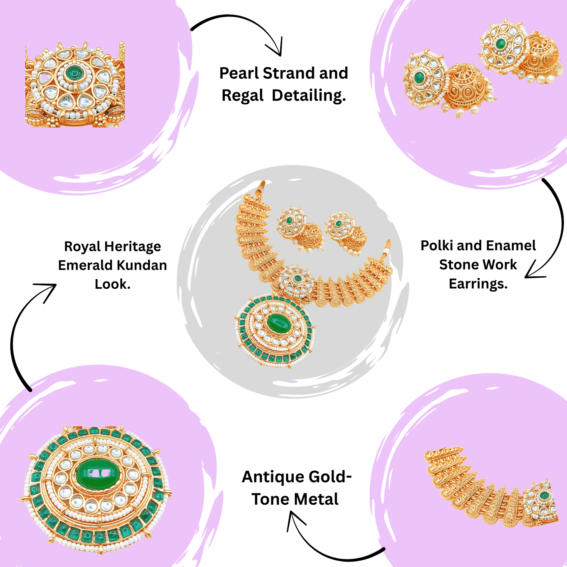 Aditi royal Indian necklace set online featuring antique gold-tone metal with emerald kundan and polki enamel stone work