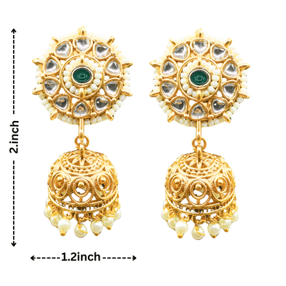 Aditi royal Indian necklace set online featuring intricate gold earrings with green center stones and pearl accents