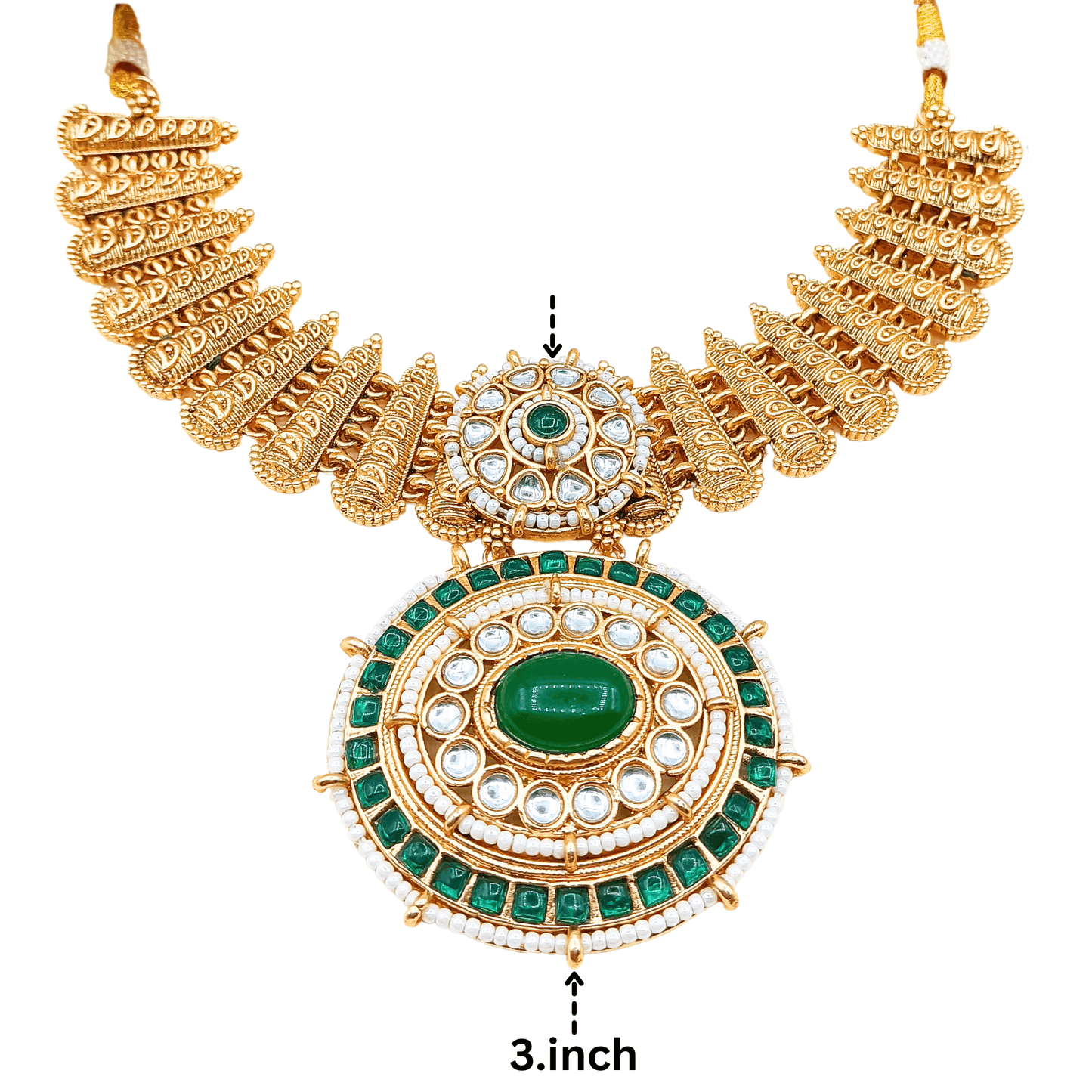 Aditi royal Indian necklace set online featuring intricate gold design with green and white stones pendant