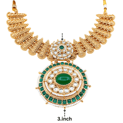 Aditi royal Indian necklace set online featuring intricate gold design with green and white stones pendant