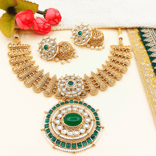 Aditi royal Indian necklace set online featuring gold tone with green and white stones and matching earrings
