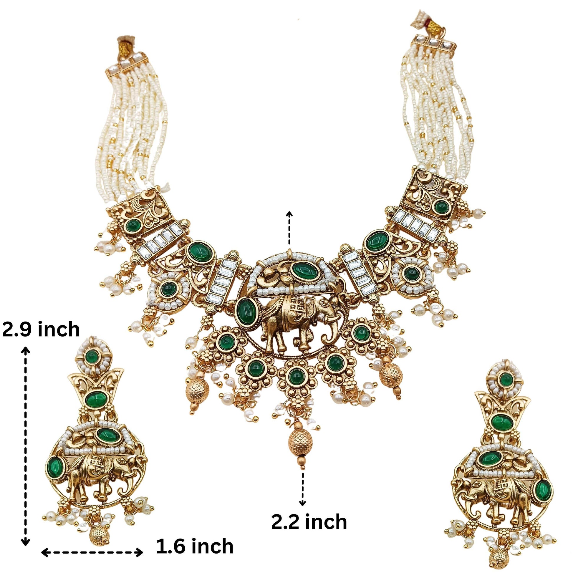 Rajputi elephant design necklace set with green stones and pearl beads featuring traditional gold-toned craftsmanship