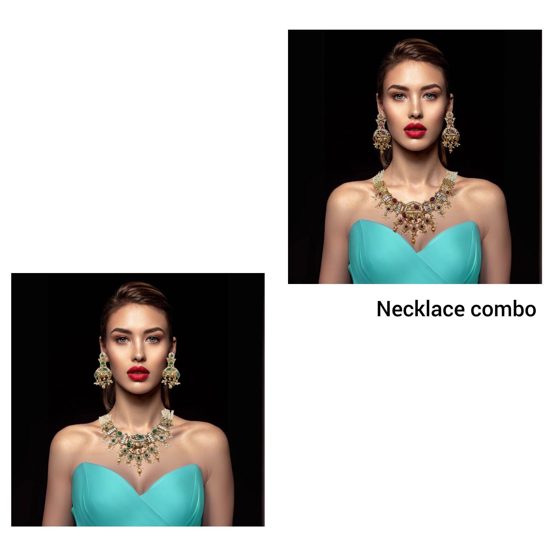 Rajputi elephant design necklace set worn by woman in turquoise dress featuring matching earrings and intricate jewelry