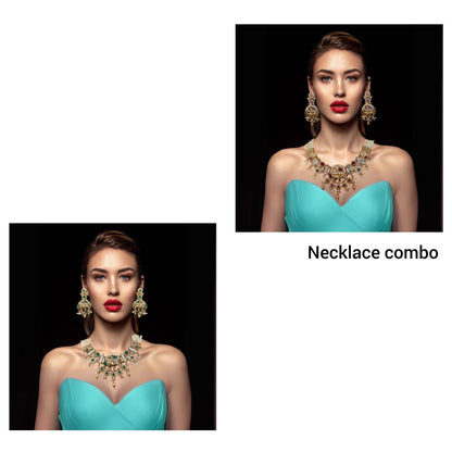 Rajputi elephant design necklace set worn by woman in turquoise dress featuring matching earrings and intricate jewelry